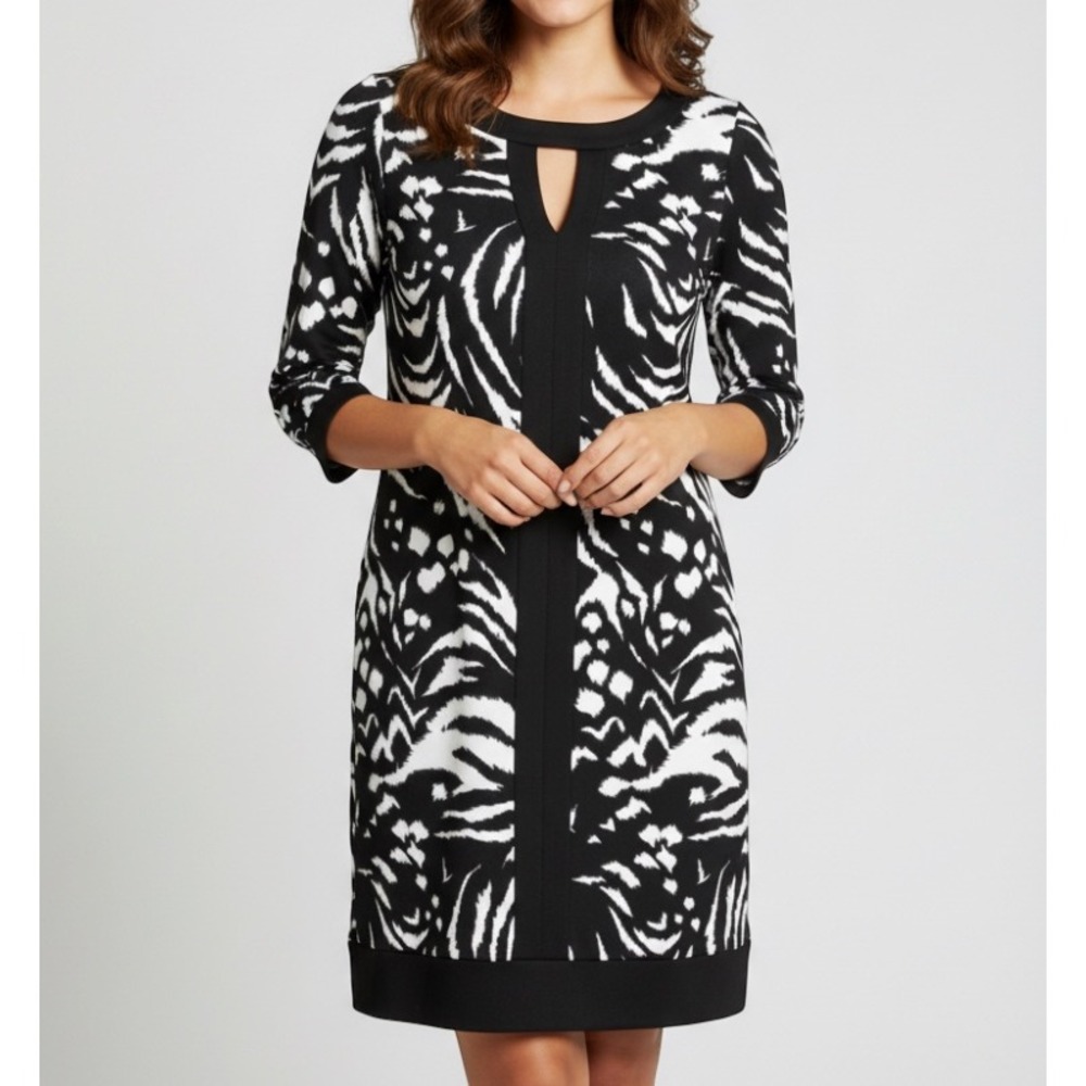 INC INTERNATIONAL CONCEPTS Black/White ZEBRA Stretch Knit V-NECK Shift Dress S